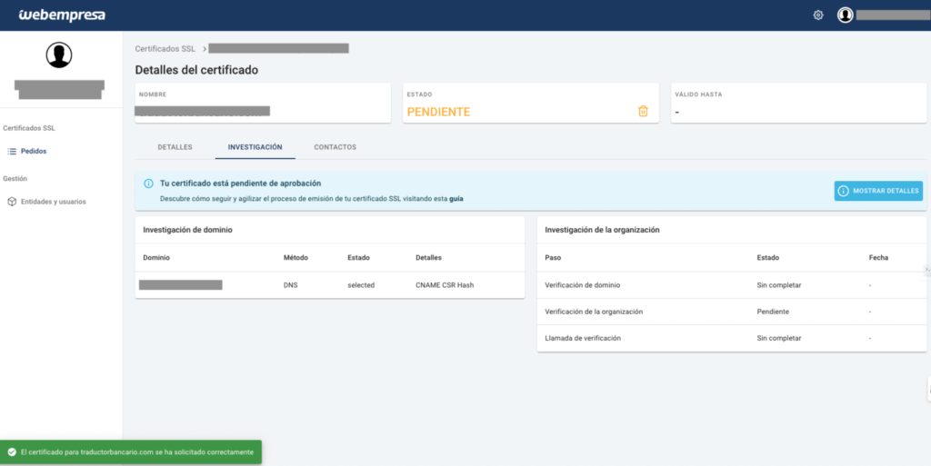 Detalles del certificado
