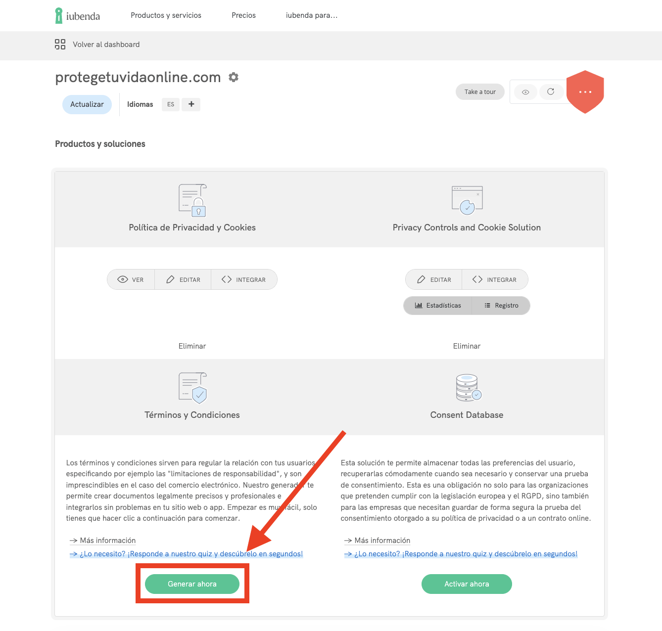 Activando tu documento de Términos y Condiciones con iubenda