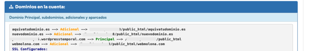 dominios en la cuenta