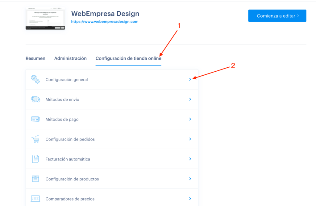 configuracion tienda