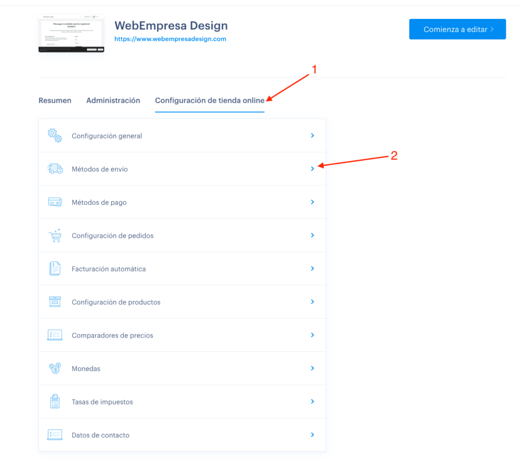 configuración de la tienda online