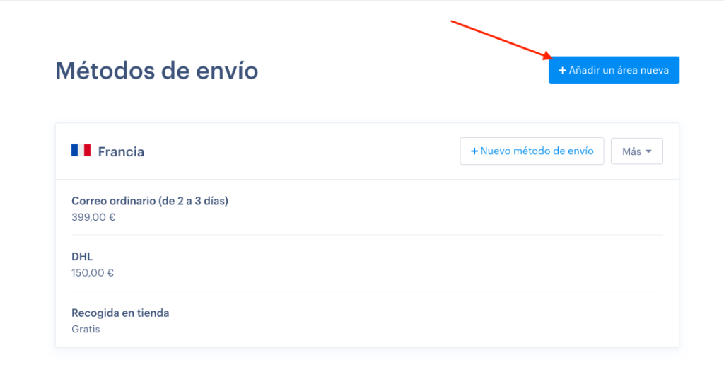 añadir área de envío 