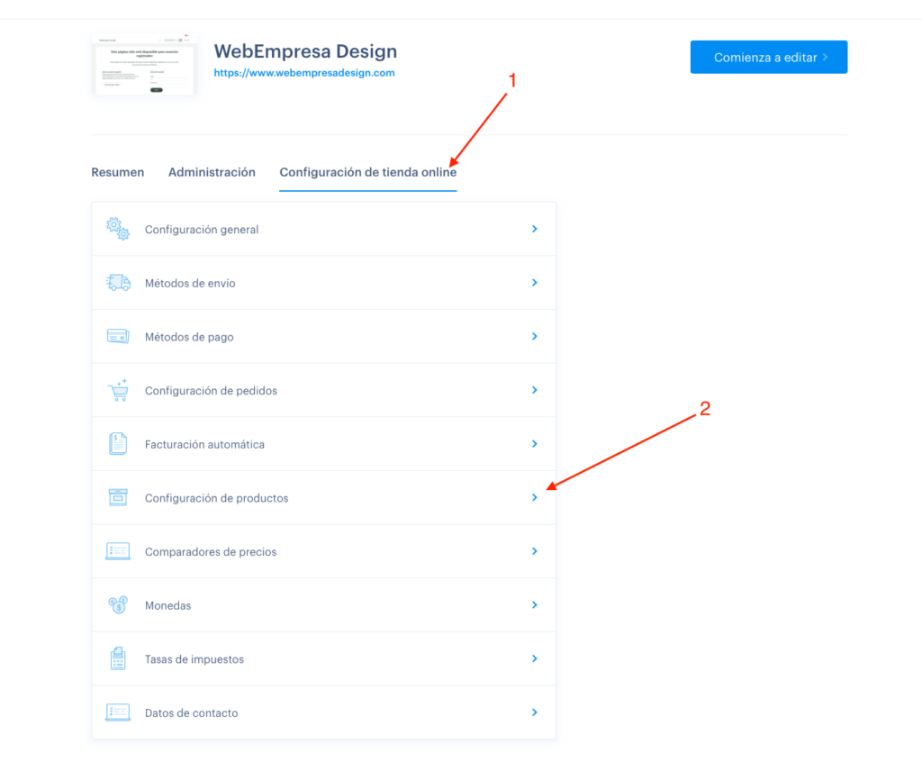 configuracion de productos