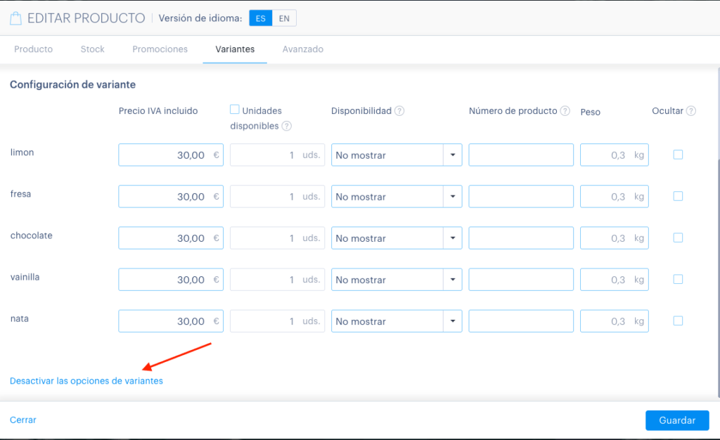 desactivar opciones de variantes