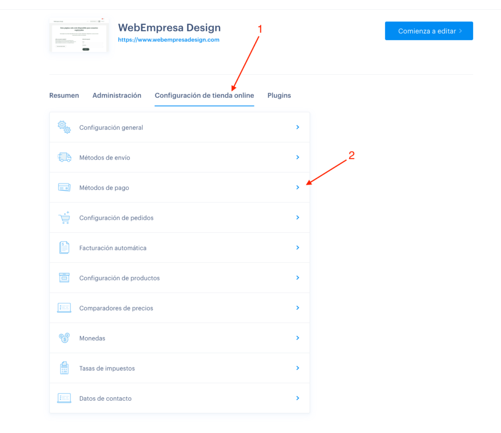 configuración de tienda online